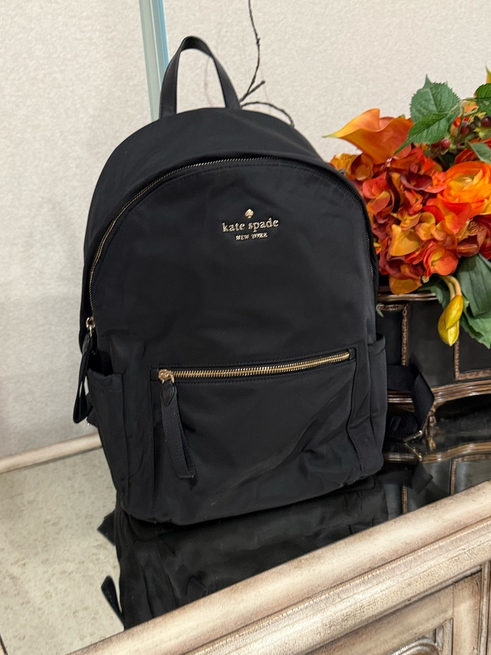 kate spade black nylon backpack with gold logo